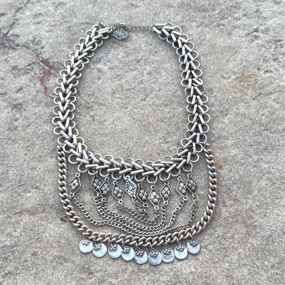 Express Silver Tone Multi Strand Bib Necklace Boho Tribal Coin Statement